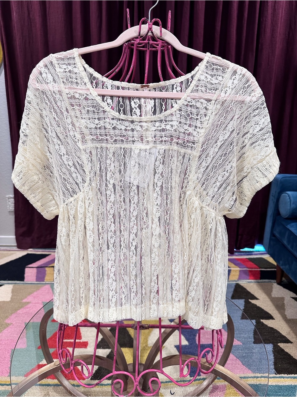 Free People Ivory Lace Short-Sleeve Blouse